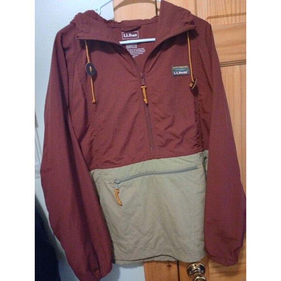 LL Bean windbreaker jacket Medium colorblock nylon pullover hooded Maroon & Tan - Picture 7 of 8